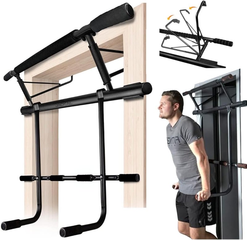 JACKAL Folding Door Pullup Bar and Dip Bar Station - NO WOBBLE, Home Gym, Easy Storage, Power Tower Dip Station and Pull-up Bar for Doorway, Collapsible Dip Station, No Door Damage, High Weight Capacity, Foldable Bodyweight Workout Station - Image 1